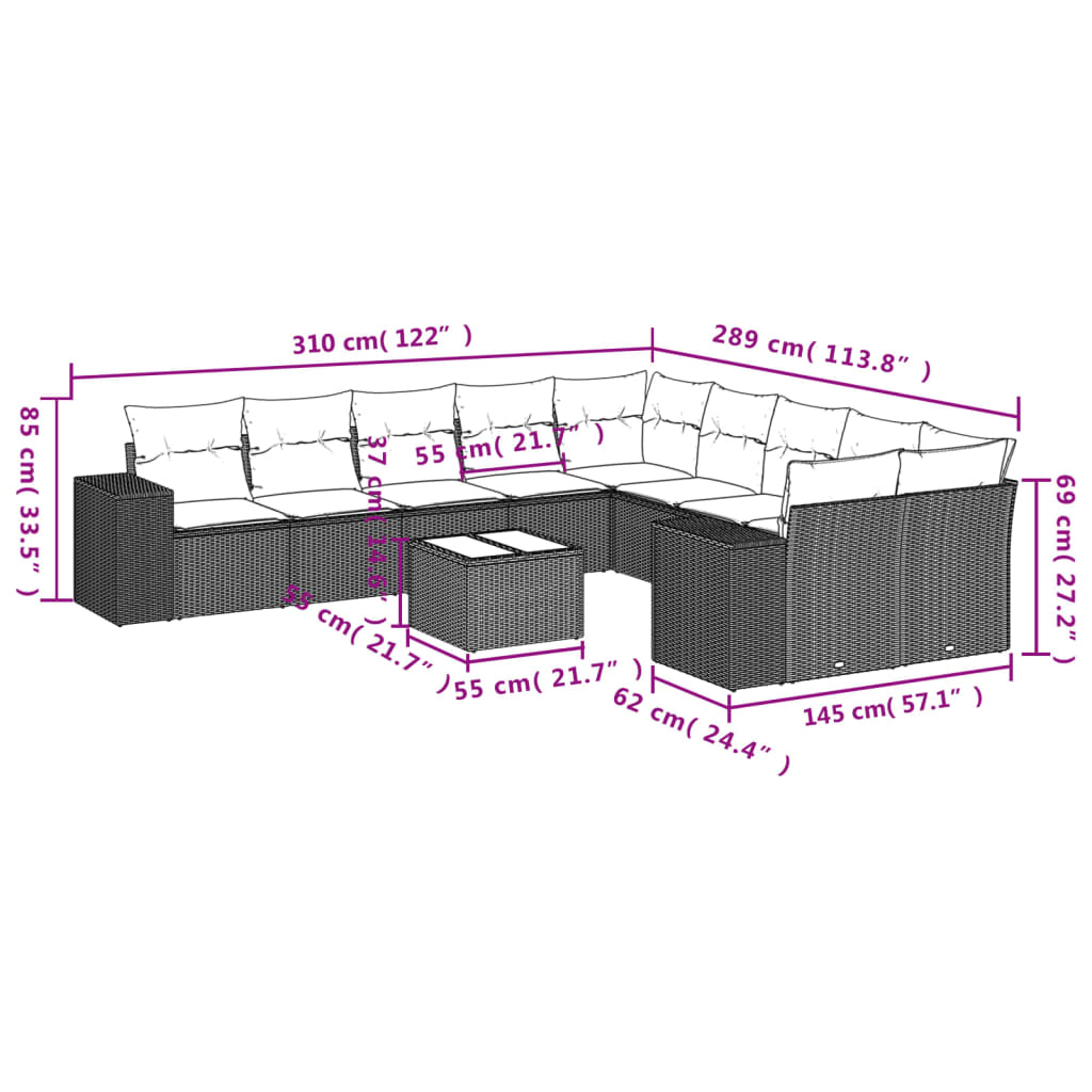 vidaXL 10-Piece PE Rattan Lounge Set with Cushions Black