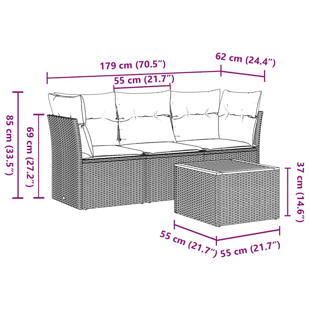 vidaXL 4-delige Loungeset met kussens poly rattan zwart