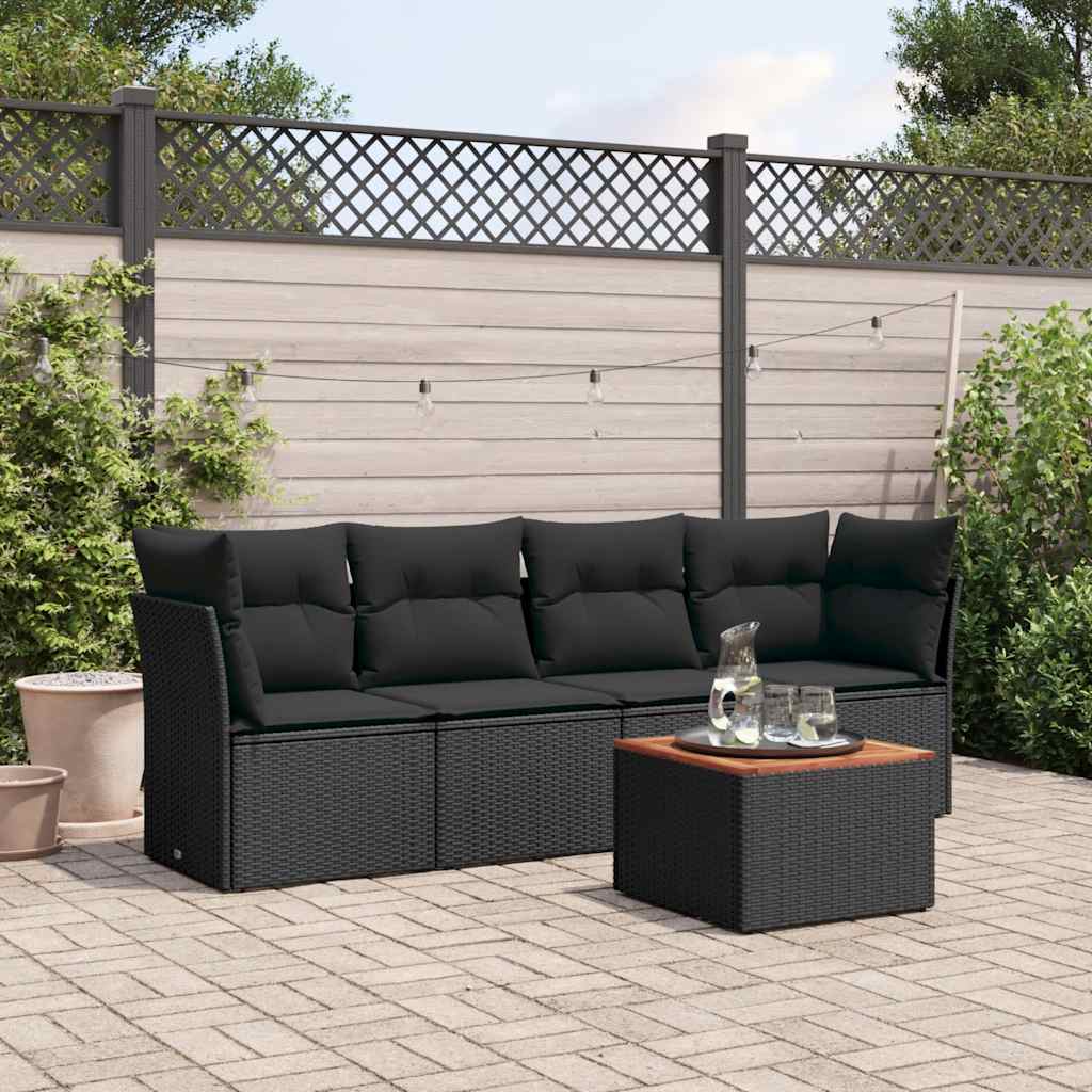 vidaXL 5-delige Loungeset met kussens poly rattan zwart