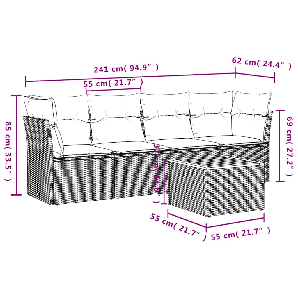 vidaXL 5-delige Loungeset met kussens poly rattan zwart