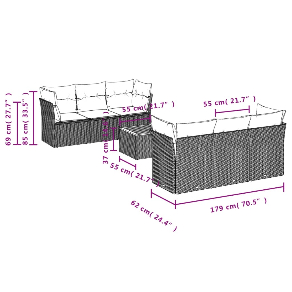 vidaXL 7-delige Loungeset met kussens poly rattan zwart