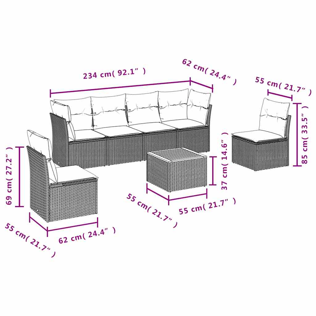 vidaXL 7-Piece Lounge Set with Cushions Poly Rattan Black