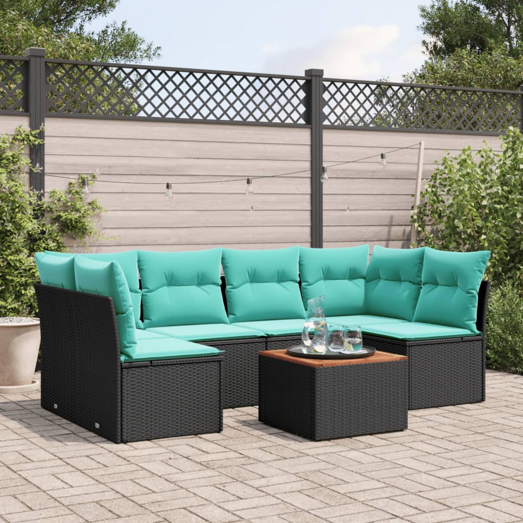 vidaXL 7-Piece Lounge Set with Cushions Poly Rattan Black
