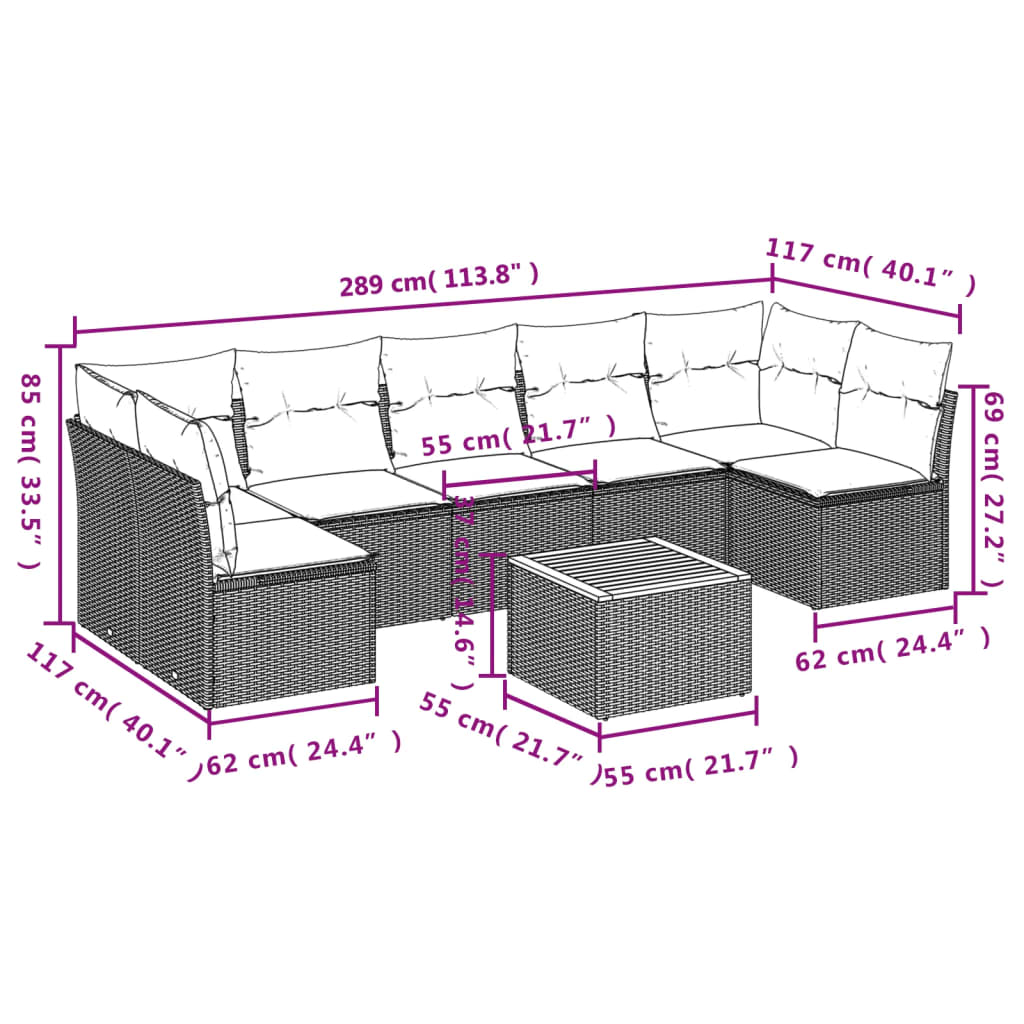 vidaXL 8-Piece Lounge Set with Cushions Poly Rattan Black