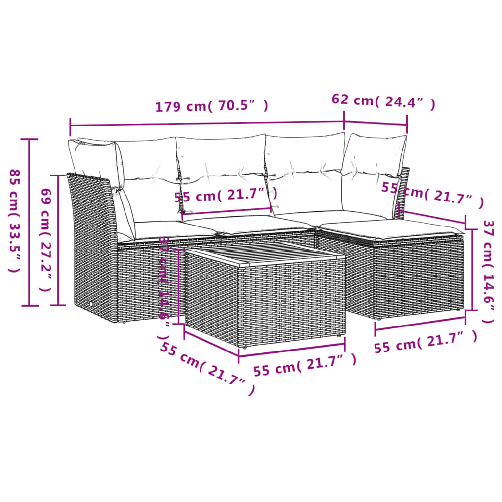 vidaXL 5-delige Loungeset met kussens poly rattan zwart