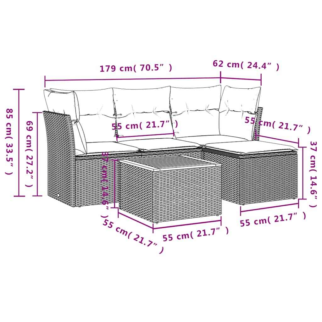 vidaXL 5-Piece Garden Sofa Set with Cushions, Grey Poly Rattan