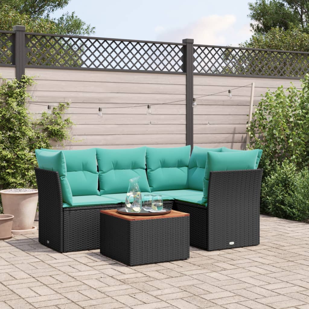 vidaXL 5-delige Loungeset met kussens poly rattan zwart