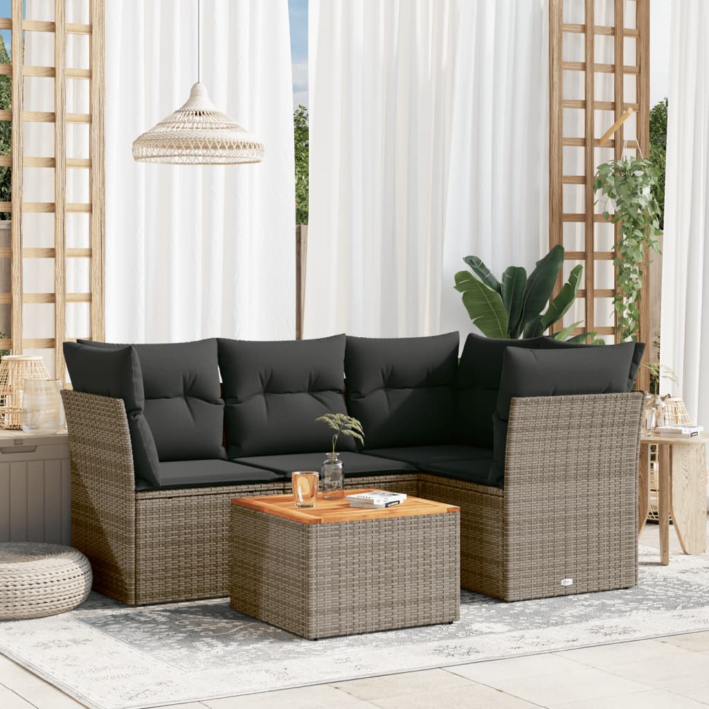 vidaXL 5-delige Loungeset met kussens poly rattan zwart