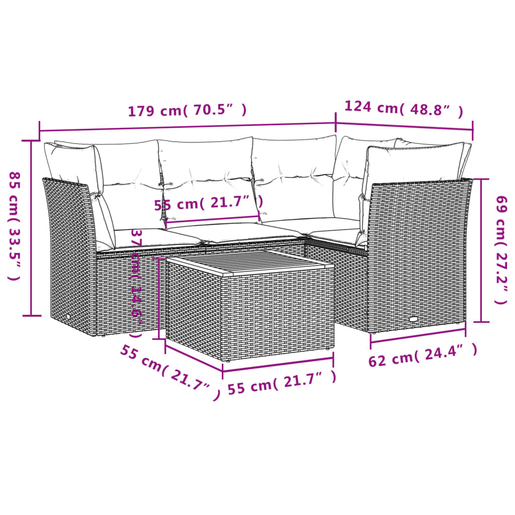 vidaXL 5-delige Loungeset met kussens poly rattan zwart