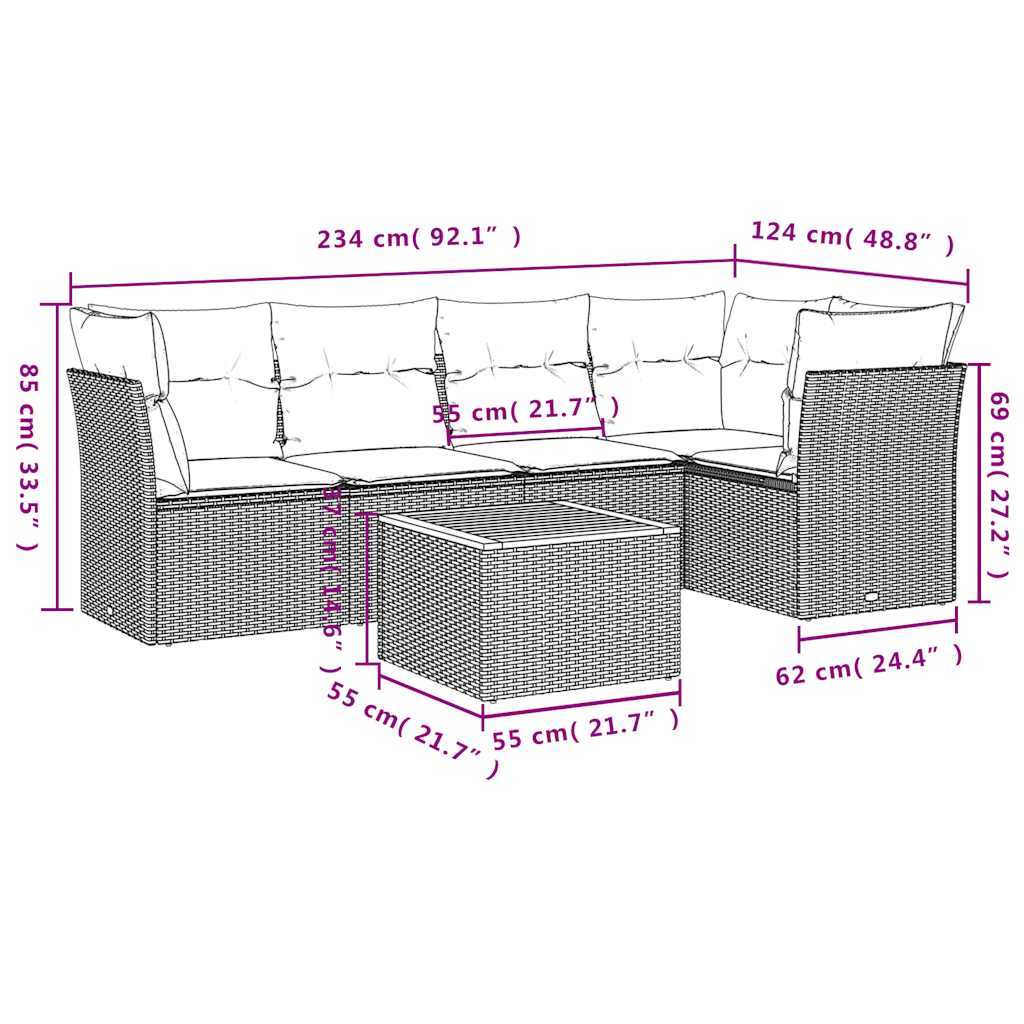 vidaXL 6-delige Loungeset met kussens poly rattan zwart