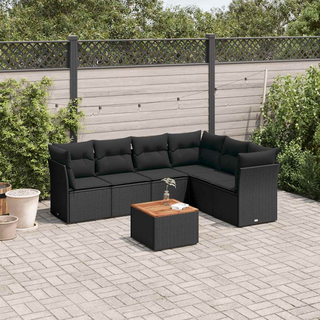 vidaXL 7-delige Loungeset met kussens poly rattan zwart