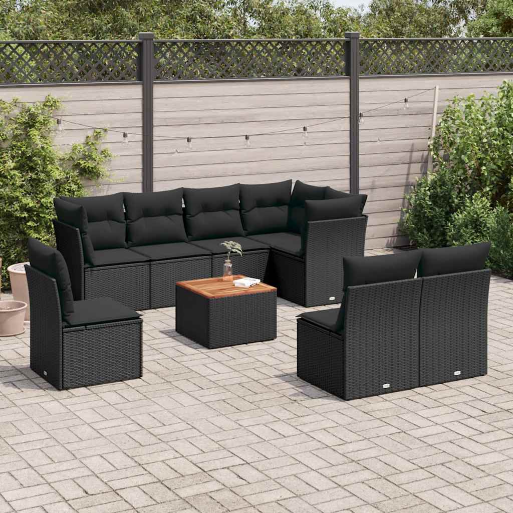 vidaXL 9-delige Loungeset met kussens poly rattan zwart