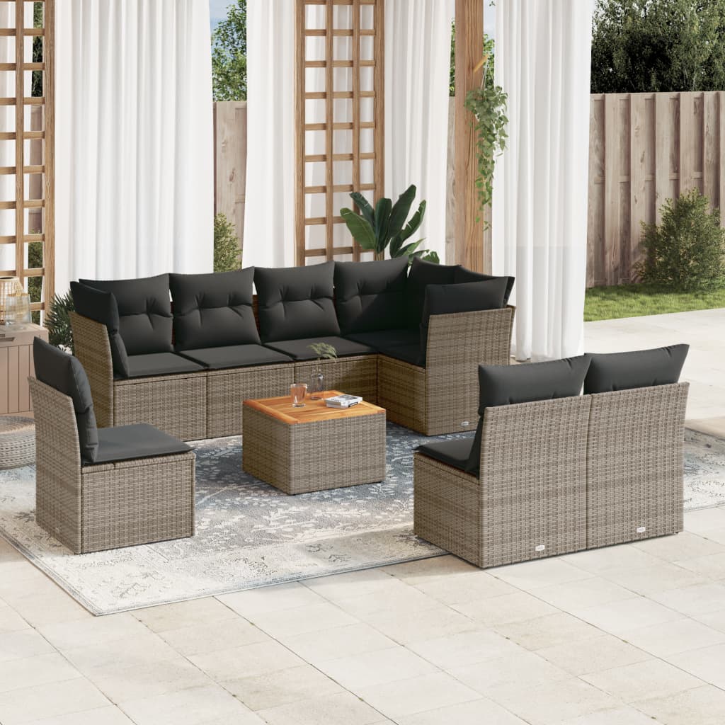 vidaXL 9-delige Loungeset met kussens poly rattan zwart