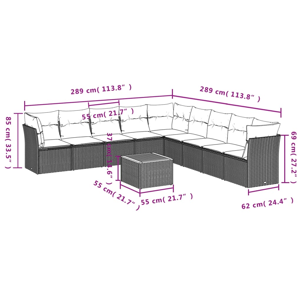 vidaXL 10-Piece Lounge Set with Cushions Poly Rattan Black