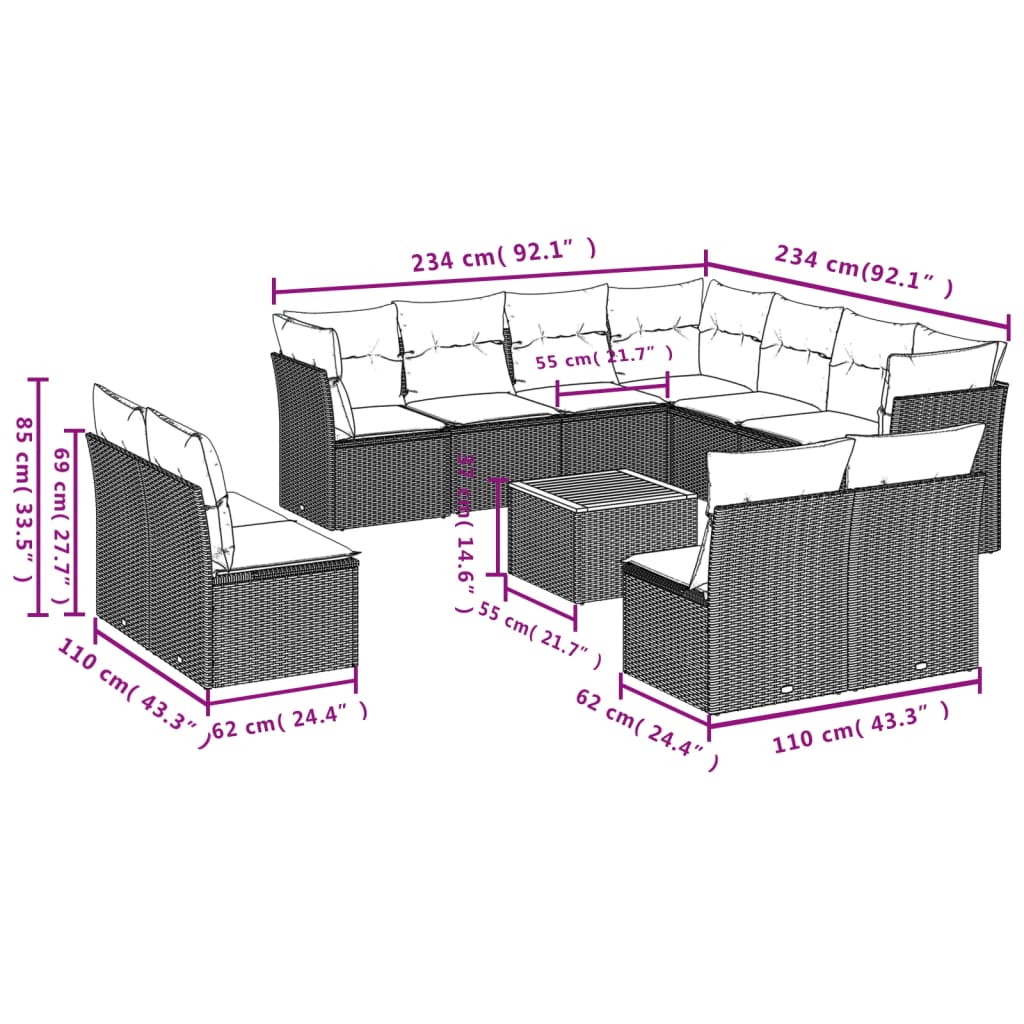 vidaXL 12-delige Loungeset met kussens poly rattan grijs