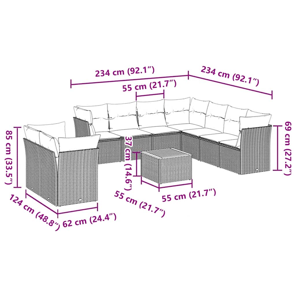 vidaXL 11-delige Loungeset met kussens poly rattan zwart