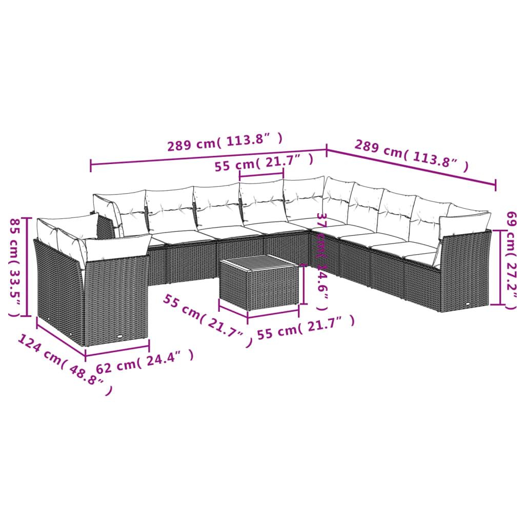 vidaXL 12-piece Lounge Set with Cushions Poly Rattan Black
