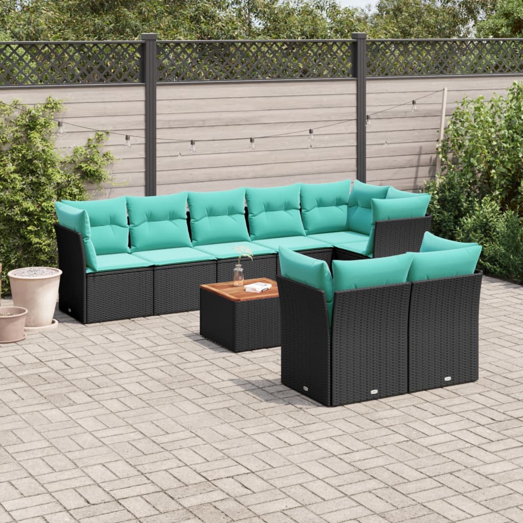 vidaXL 9-delige Loungeset met kussens poly rattan zwart