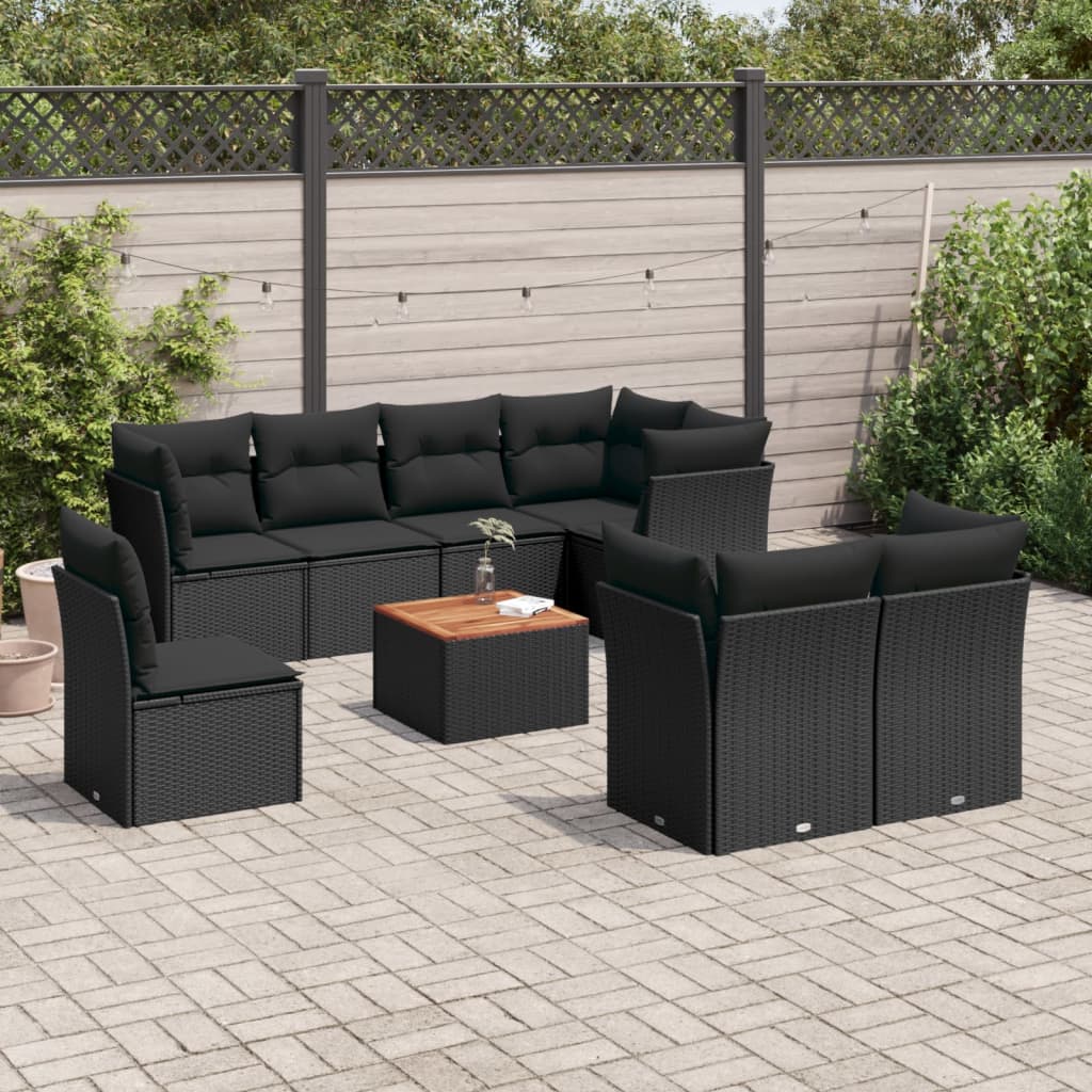 vidaXL 9-delige Loungeset met kussens poly rattan zwart