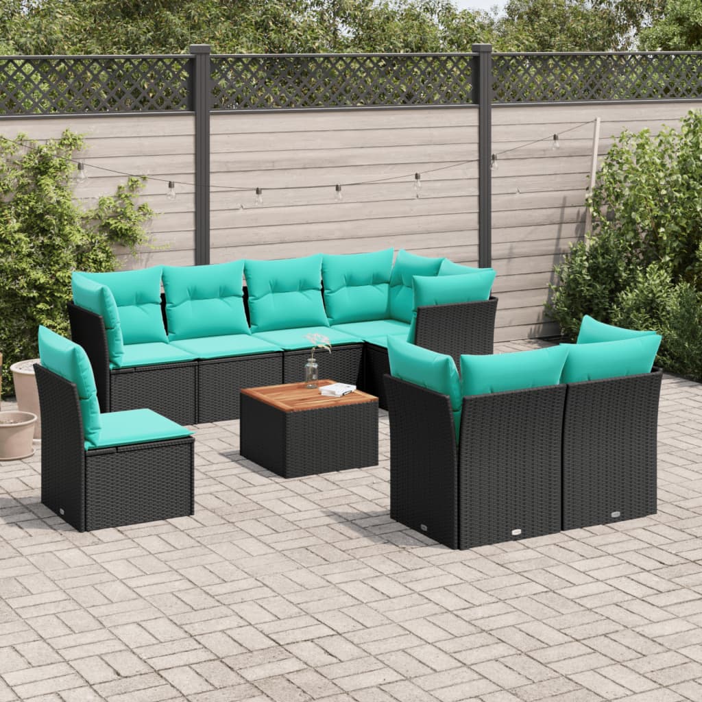 vidaXL 9-delige Loungeset met kussens poly rattan zwart