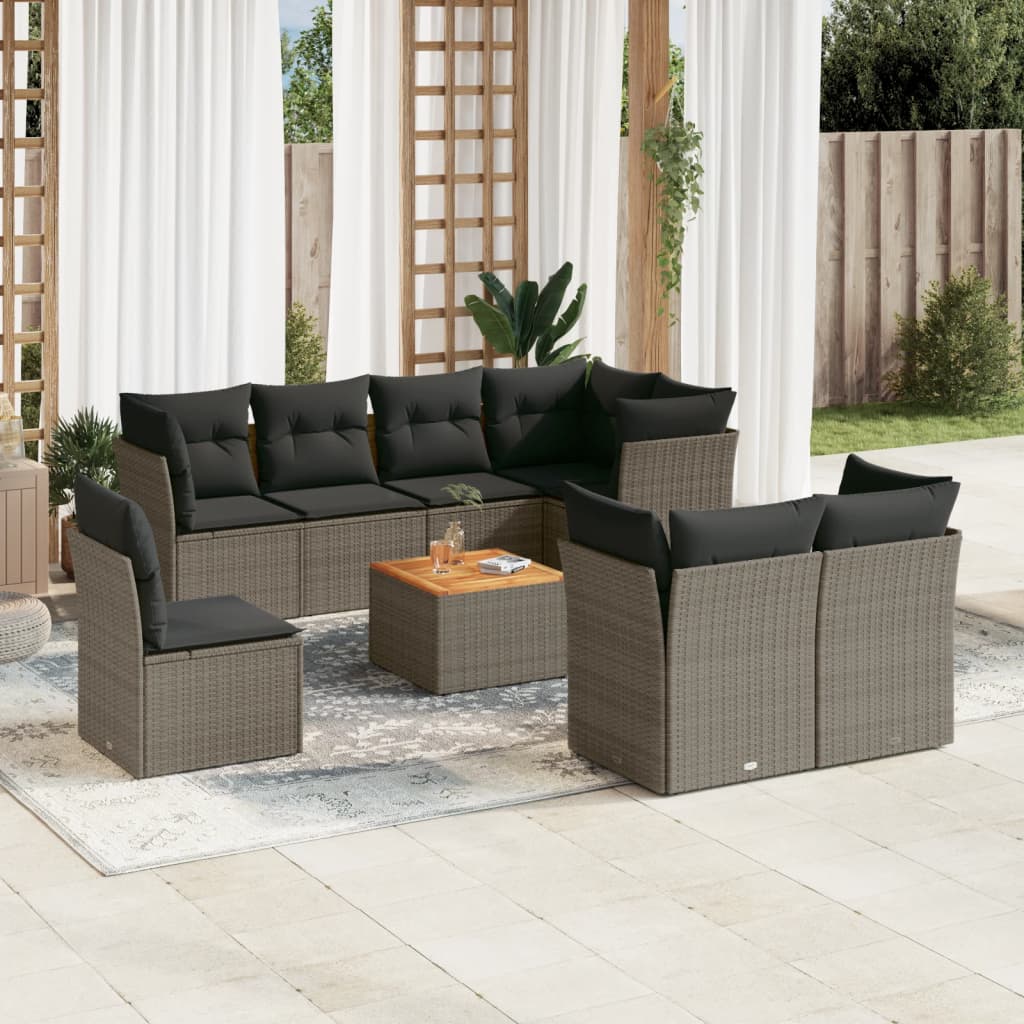 vidaXL 9-delige Loungeset met kussens poly rattan zwart
