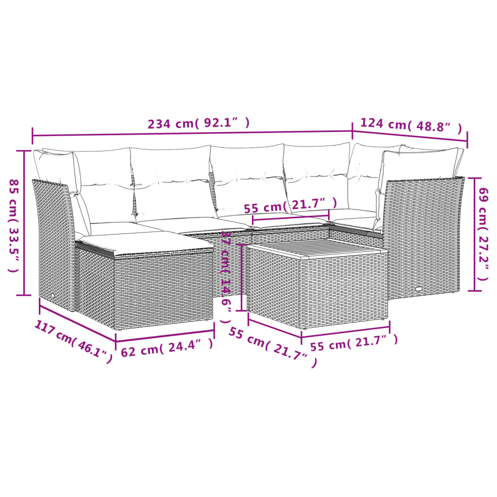 vidaXL 7-Piece Lounge Set with Cushions Poly Rattan Black