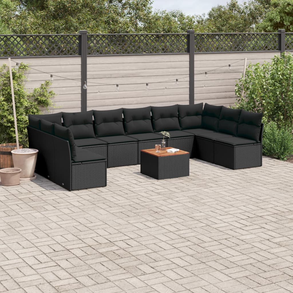 vidaXL 11-Piece Lounge Set with Cushions Poly Rattan Black