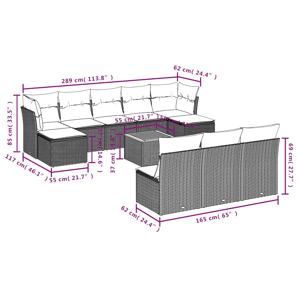 vidaXL 11-Piece Garden Lounge Set with Cushions, Grey Poly Rattan
