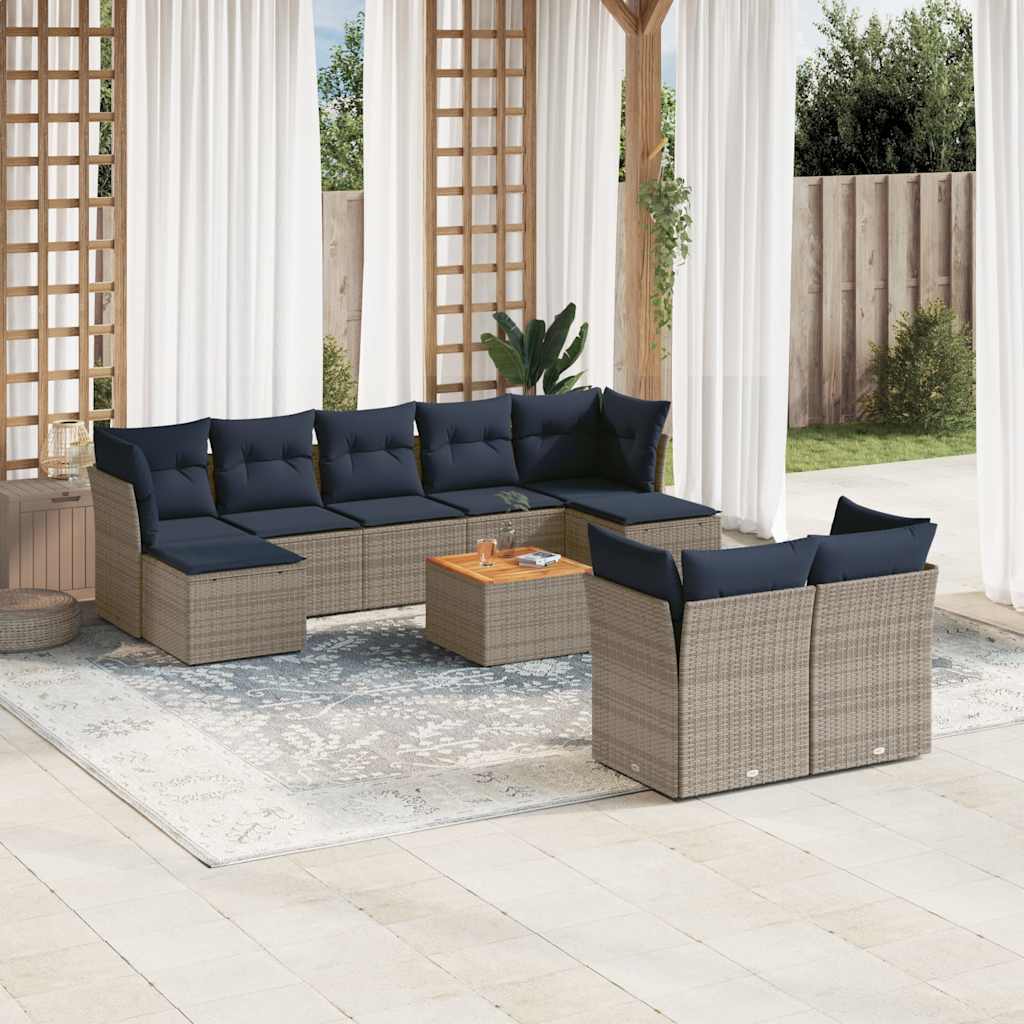 vidaXL 10-piece Garden Sofa Set with Cushions, Grey Poly Rattan