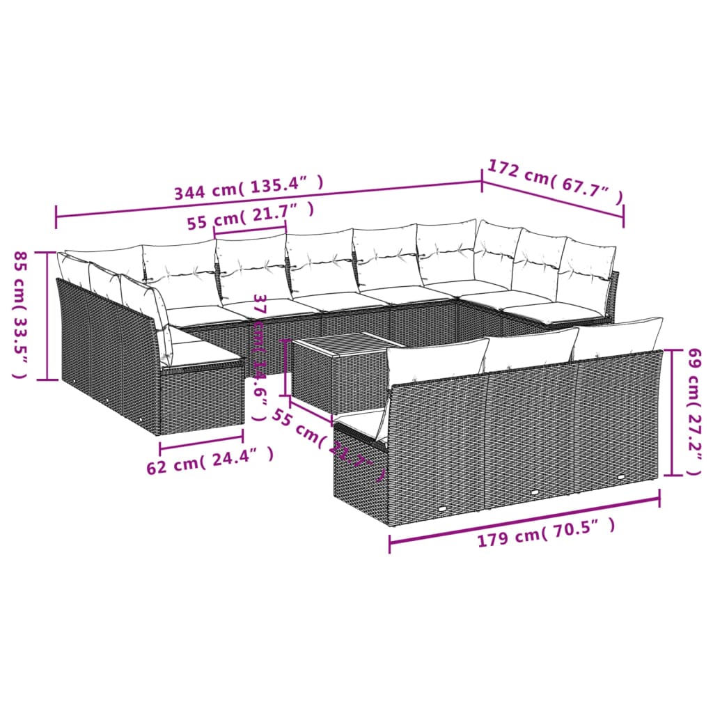 vidaXL 14-piece Lounge Set with Cushions Poly Rattan Black