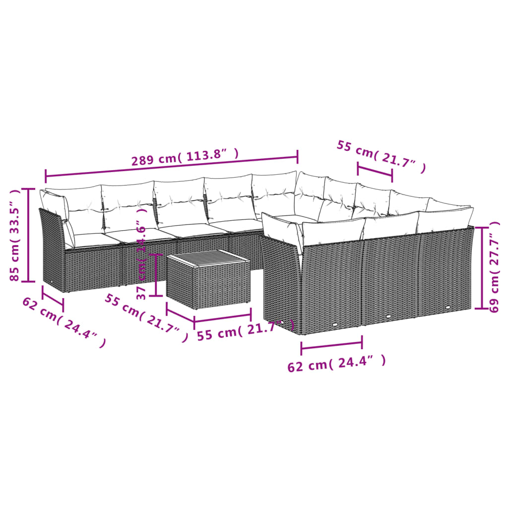 vidaXL 12-delige Loungeset met kussens poly rattan zwart