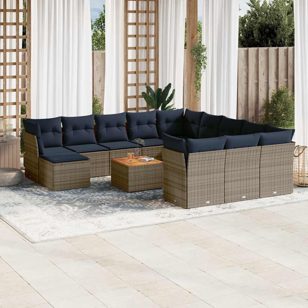 vidaXL 13-piece Garden Lounge Set with Cushions, Grey Poly Rattan