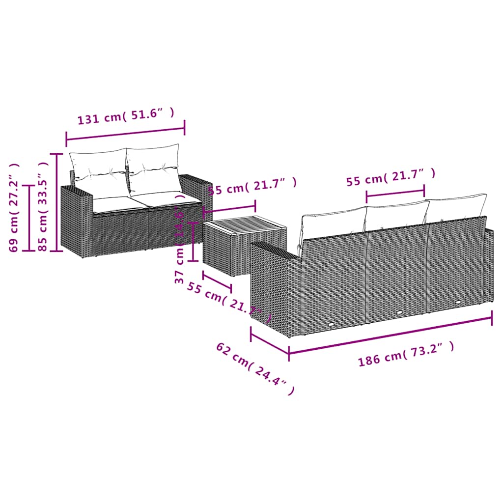vidaXL 6-delige Loungeset met kussens poly rattan zwart