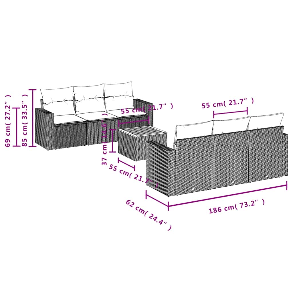vidaXL 7-delige Loungeset met kussens poly rattan zwart