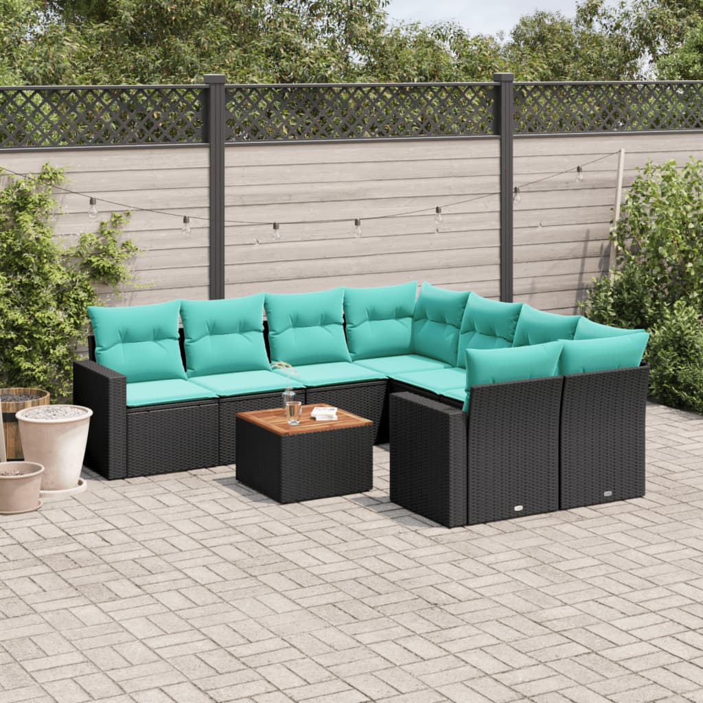 vidaXL 9-delige Loungeset met kussens poly rattan zwart