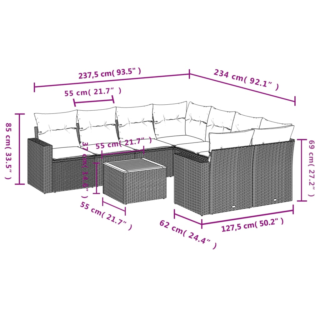 vidaXL 9-piece Poly Rattan Lounge Set with Cushions Black
