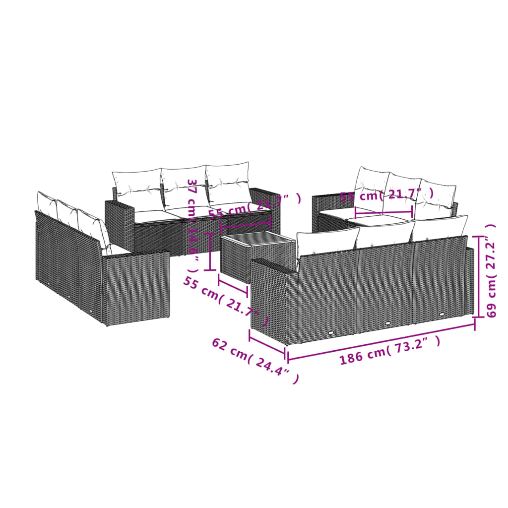 vidaXL 13-delige Loungeset met kussens poly rattan zwart