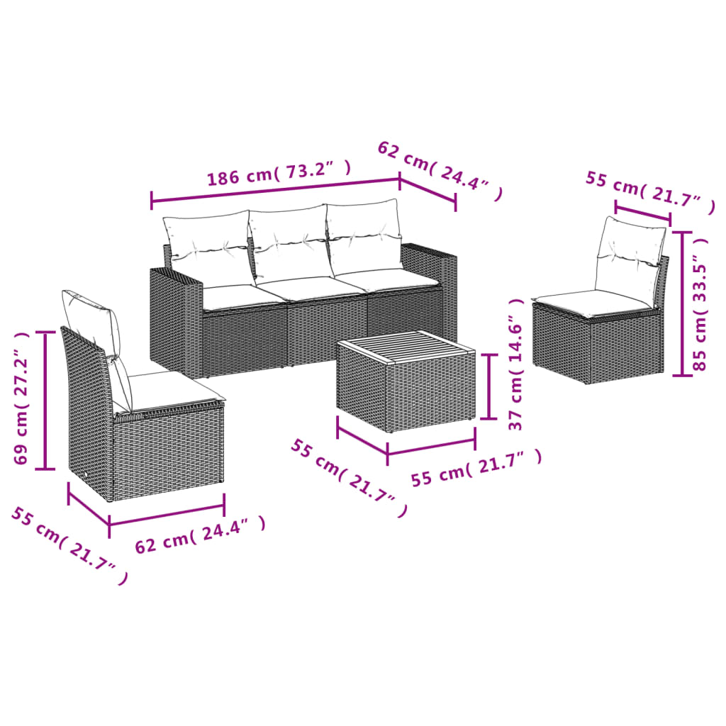 vidaXL 6-Piece Lounge Set with Cushions Poly Rattan Black
