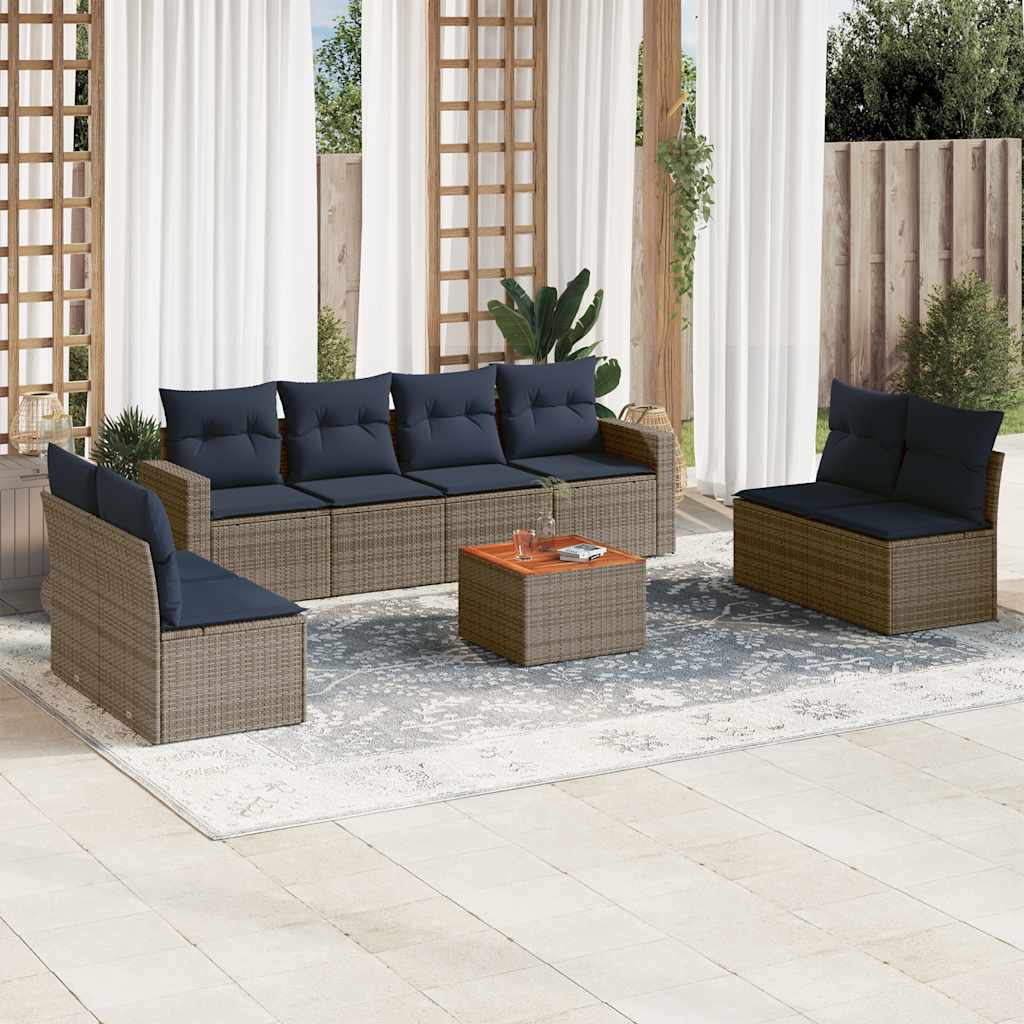 vidaXL 9-delige Loungeset met kussens poly rattan grijs