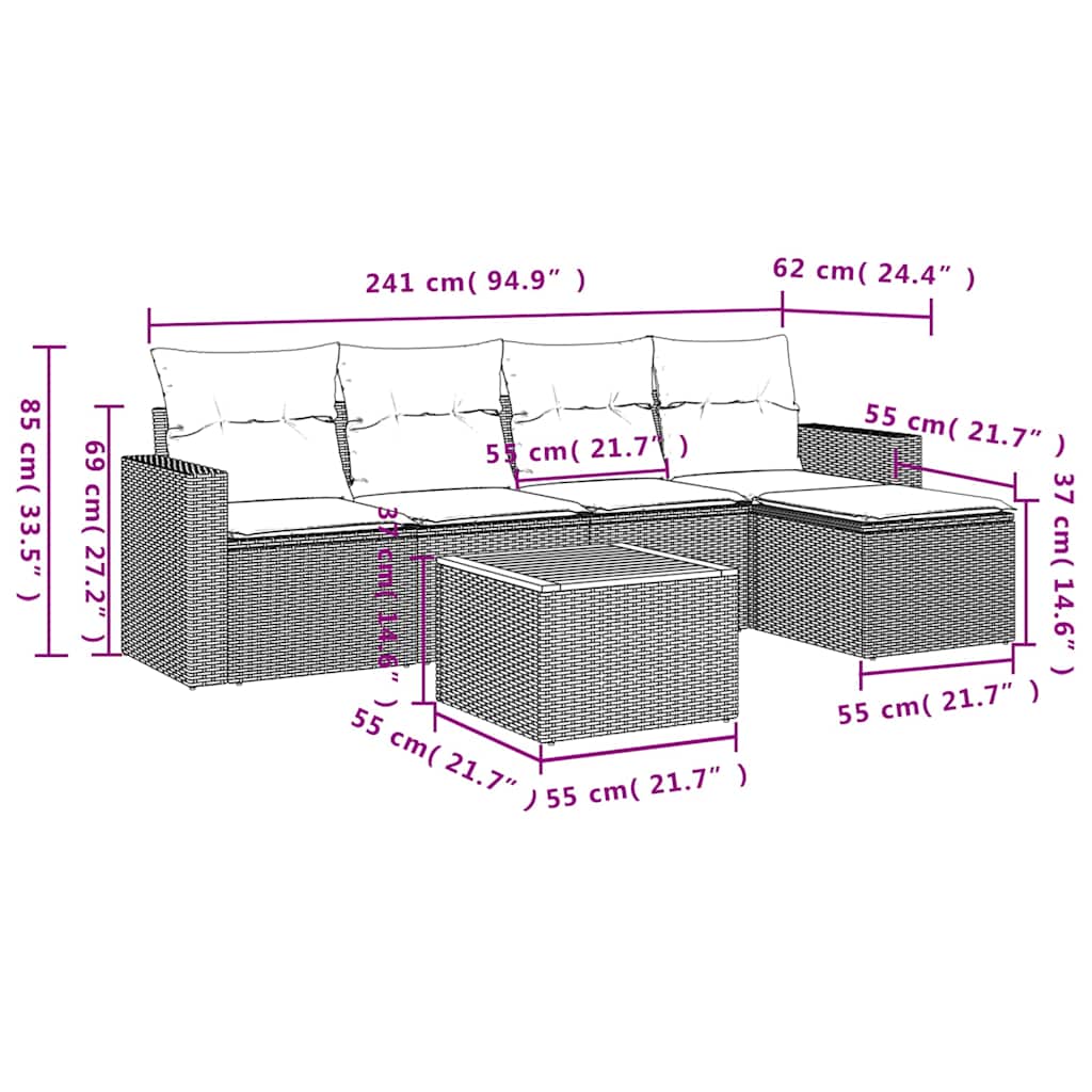 vidaXL 6-delige Loungeset met kussens poly rattan zwart