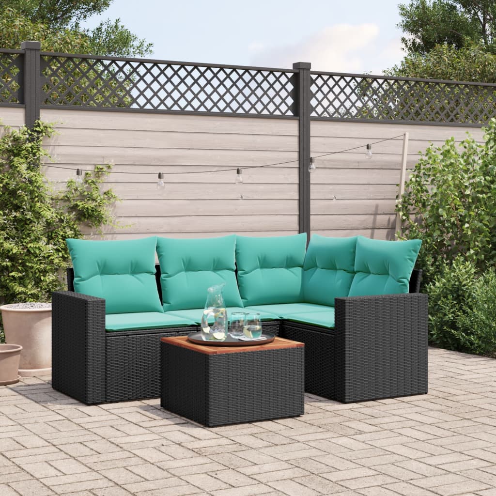 vidaXL 5-delige Loungeset met kussens poly rattan zwart