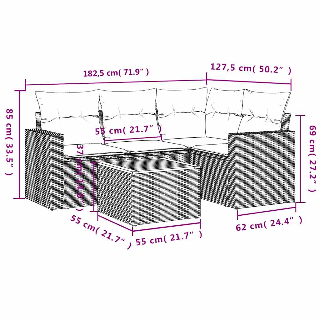 vidaXL 5-delige Loungeset met kussens poly rattan zwart