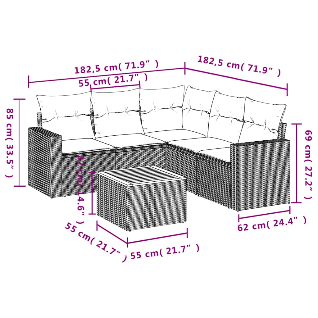 vidaXL 6-delige Loungeset met kussens poly rattan zwart