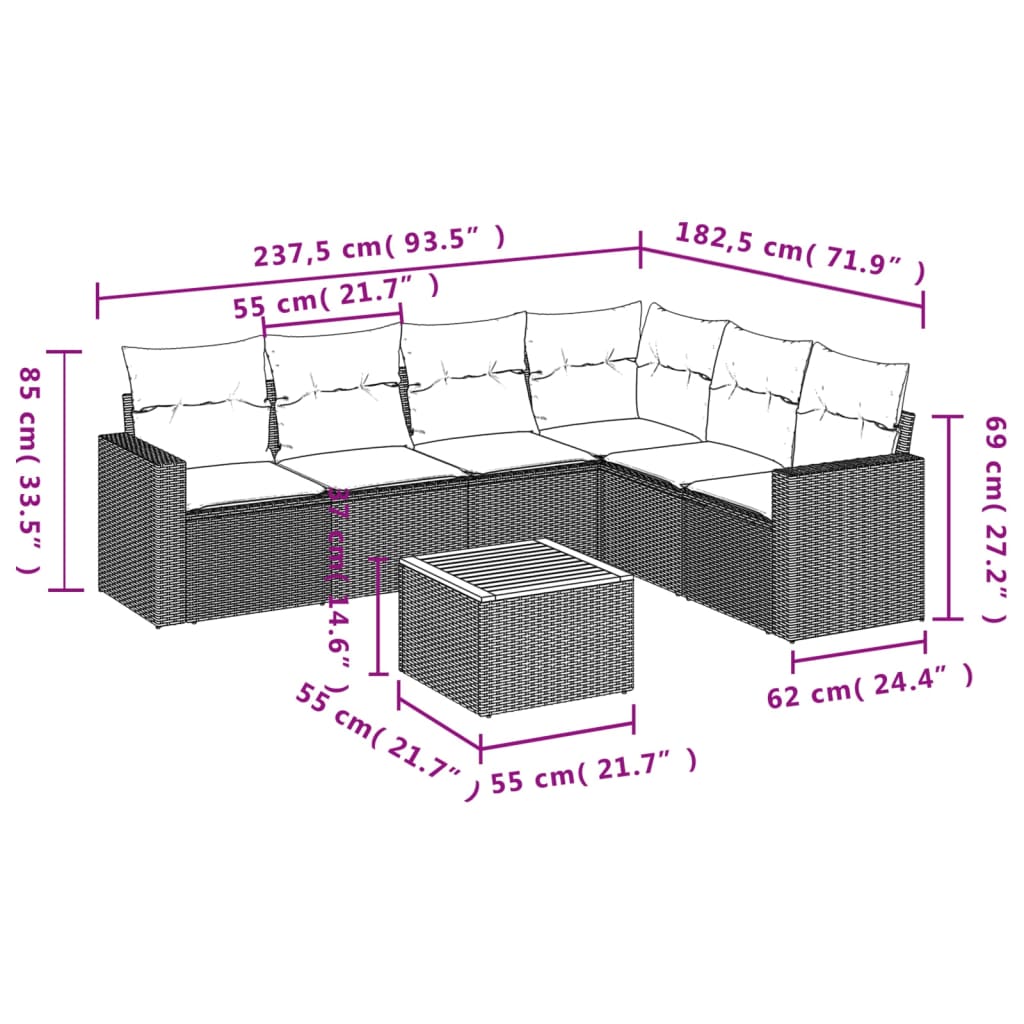 vidaXL 7-Piece Lounge Set with Cushions Poly Rattan Grey