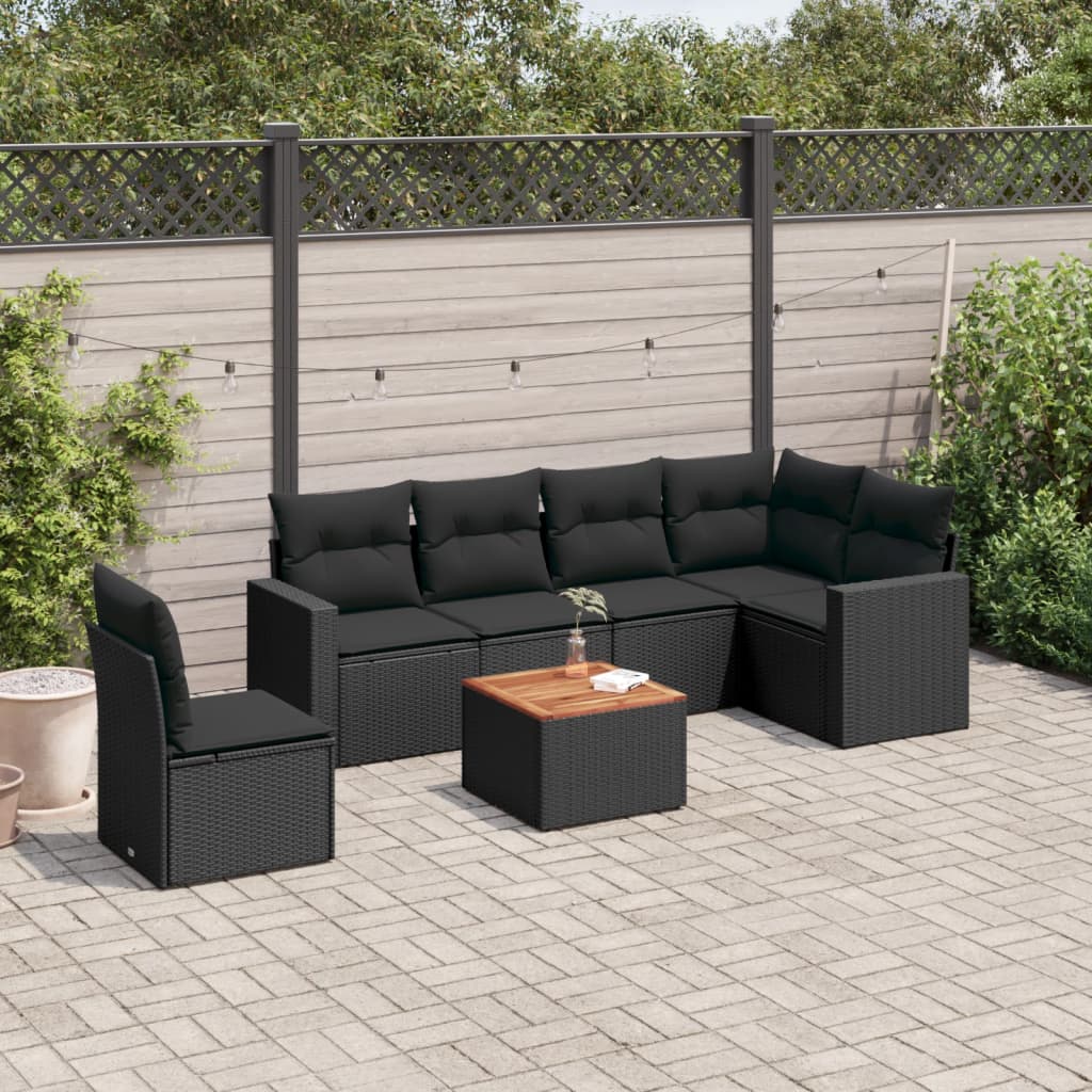 vidaXL 7-delige Loungeset met kussens poly rattan zwart