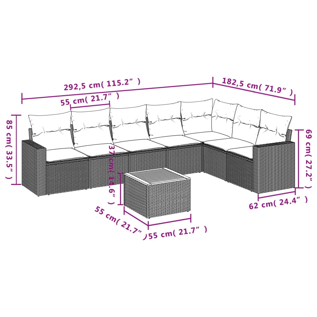 vidaXL 8-Piece Lounge Set with Cushions Poly Rattan Black