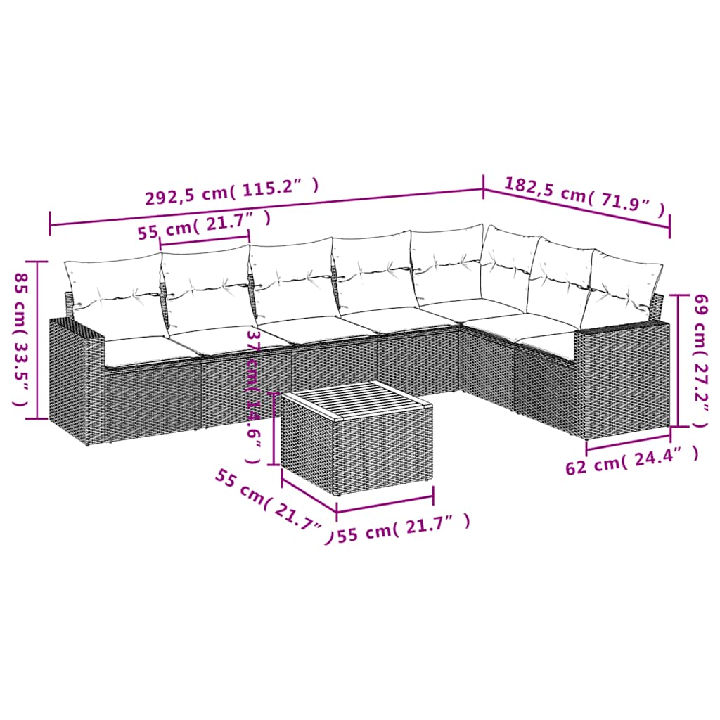 vidaXL 8-delige Loungeset met kussens poly rattan grijs