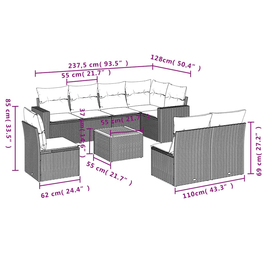 vidaXL 9-delige Loungeset met kussens poly rattan grijs