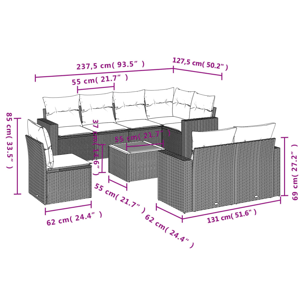 vidaXL 9-delige Loungeset met kussens poly rattan zwart