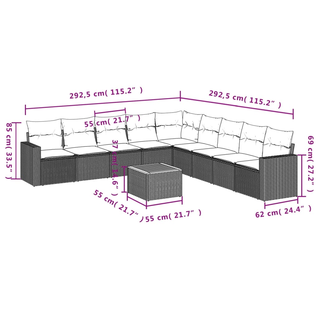 vidaXL 10-Piece Lounge Set with Cushions Poly Rattan Black
